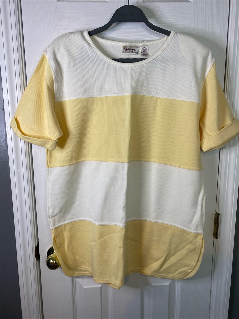 Worthington Yellow and White Striped Colorblock Blouse Size Large.